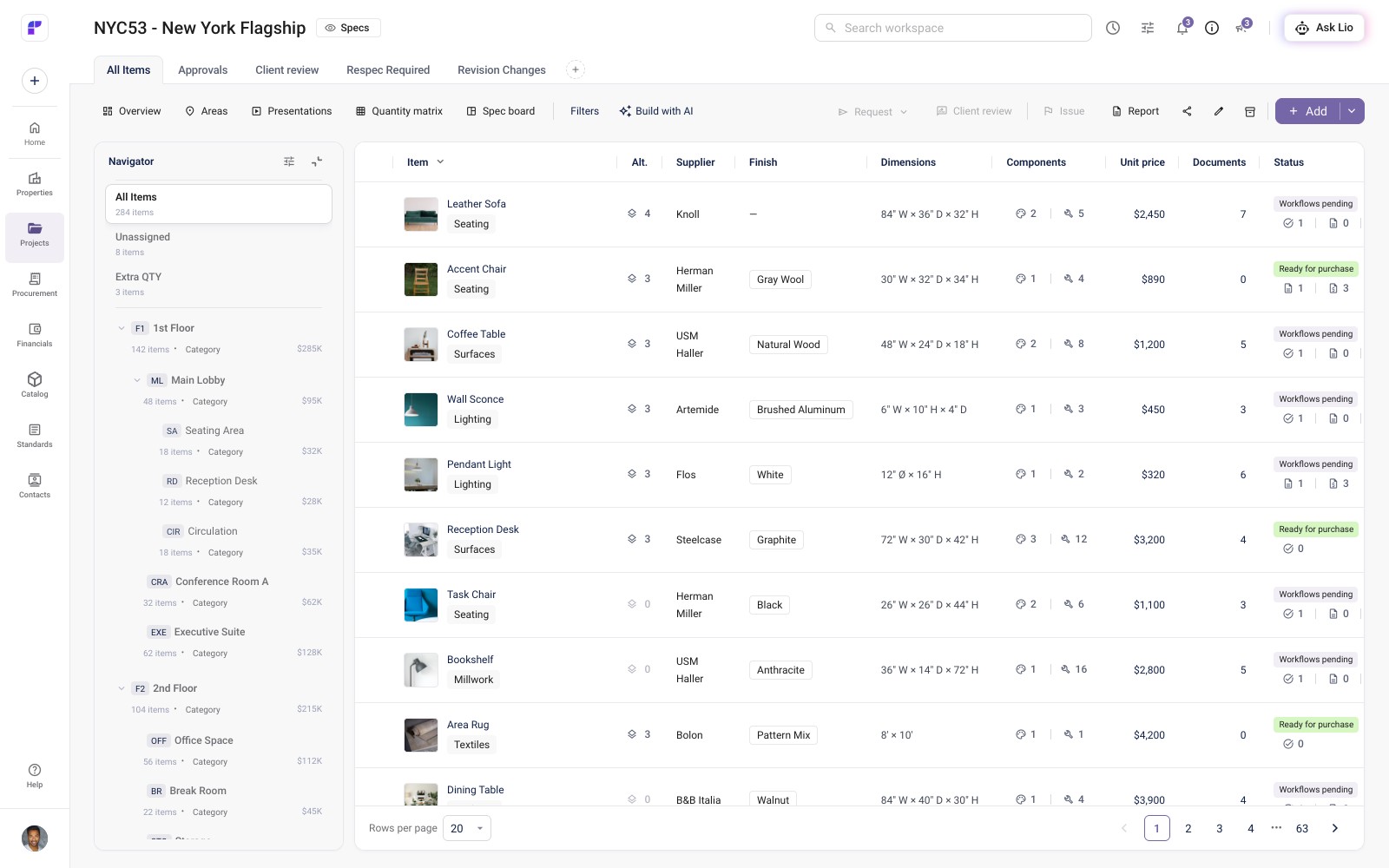 SpeCurate specification workspace with product details and workflow status